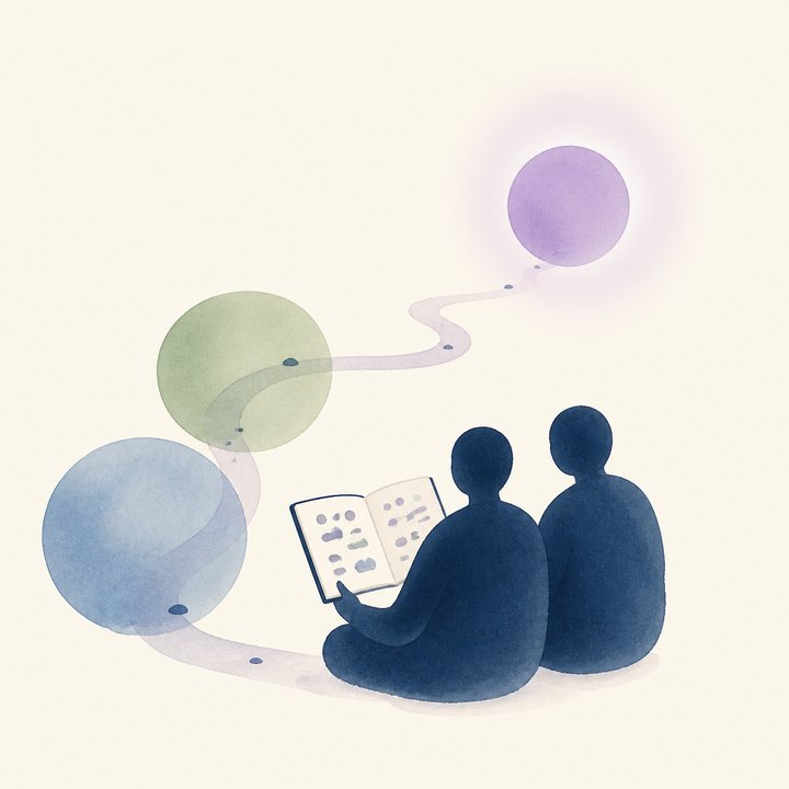 歩んできた道のりを振り返る二人と、次の挑戦を示す紫の輪を描いた水彩イラスト
